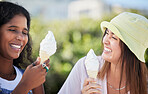 Ice cream, laughing and girl friends outdoor with dessert in summer with a smile from comic joke. Food, women and holiday fun of young people with blurred background and smile together with happiness