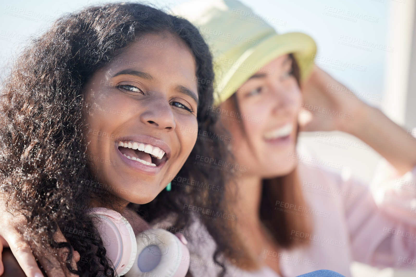 Buy stock photo Happy, selfie and friends relax outdoors for bonding, chilling and having fun on blurred background. Face, women and smile for profile picture, photo or blog by social media influencer in outside