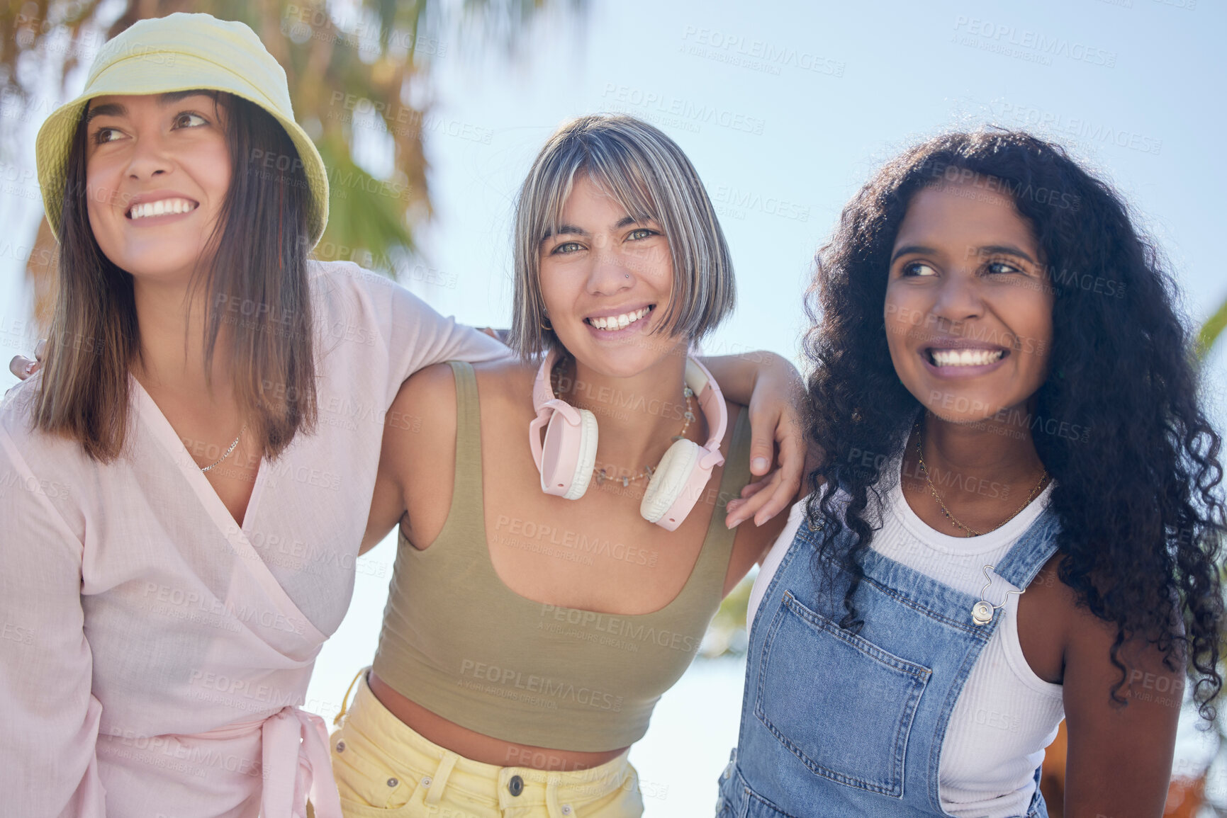 Buy stock photo Portrait, friends and hug while at a beach walking, talking and bonding on summer holiday. Diversity, face and women embrace on walk outdoors for travel, vacation and trip in Miami together