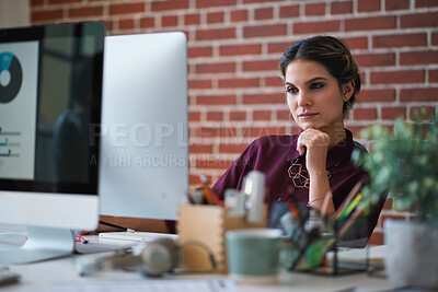 Buy stock photo Business woman, computer and thinking of employee with web design planning. Digital designer, working and worker reading a email at a office desk with ideas for website and ux project for company