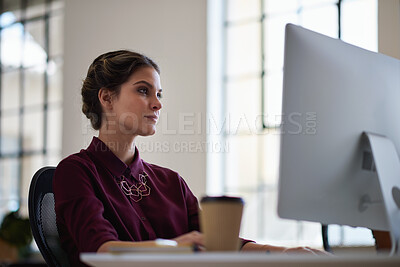 Buy stock photo Business woman, computer and internet search of serious employee with web design planning. Digital designer, working and reading a email at office desk with ideas for website and project for company