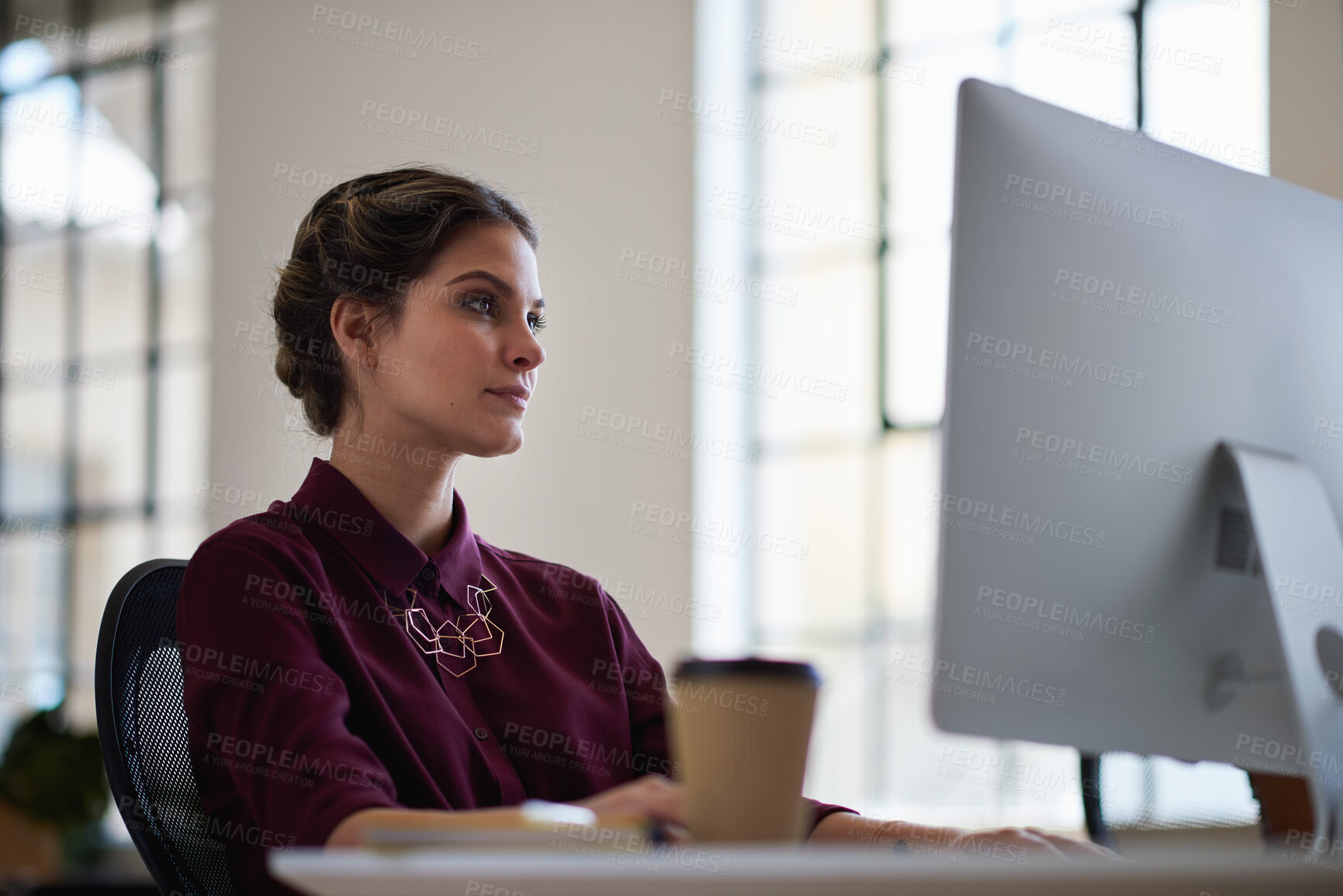 Buy stock photo Business woman, computer and internet search of serious employee with web design planning. Digital designer, working and reading a email at office desk with ideas for website and project for company