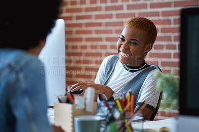 Buy stock photo Black woman, laughing and employees in creative business agency, startup and trendy company. Happy female worker smile at desk for collaboration, funny conversation and talking with friends in office