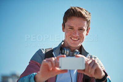 Buy stock photo Young man with smartphone, photography outdoor with technology, photographer or content creator with smile. Travel blog, summer and taking picture with happy person, creative with adventure in Sydney