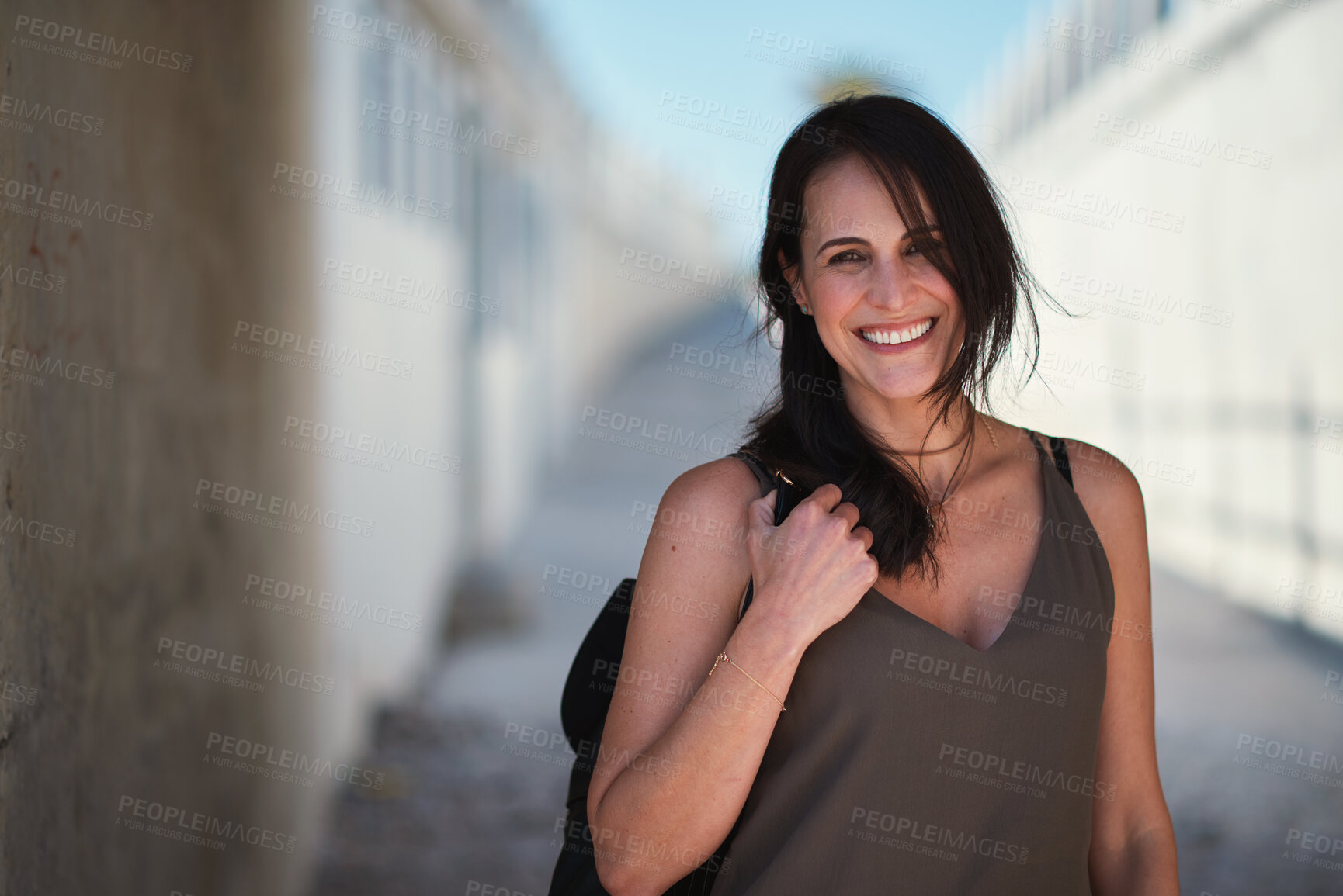 Buy stock photo Travel, portrait and smile of woman on vacation, holiday or trip in city of Rome outdoors. Mock up, street and happy female tourist from Italy smiling, having fun and enjoying adventure and peace.