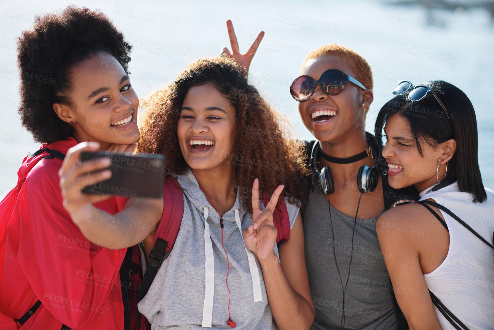 Buy stock photo Women friends, group selfie and peace with smile, support and happiness for summer adventure together. Black woman students, profile picture and smartphone with excited face, happy and social media