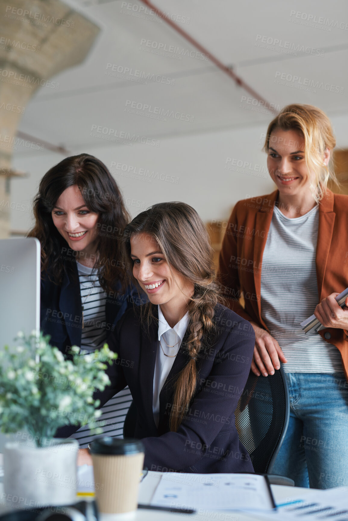 Buy stock photo Teamwork, office and business people planning a project together on technology or computer. Collaboration, professional and team of corporate women working on a company report in the workplace.