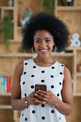 Buy stock photo Social media, email and portrait of a black woman with a phone for communication and chat. Connection, network and African employee on a mobile app for conversation, news and typing messages