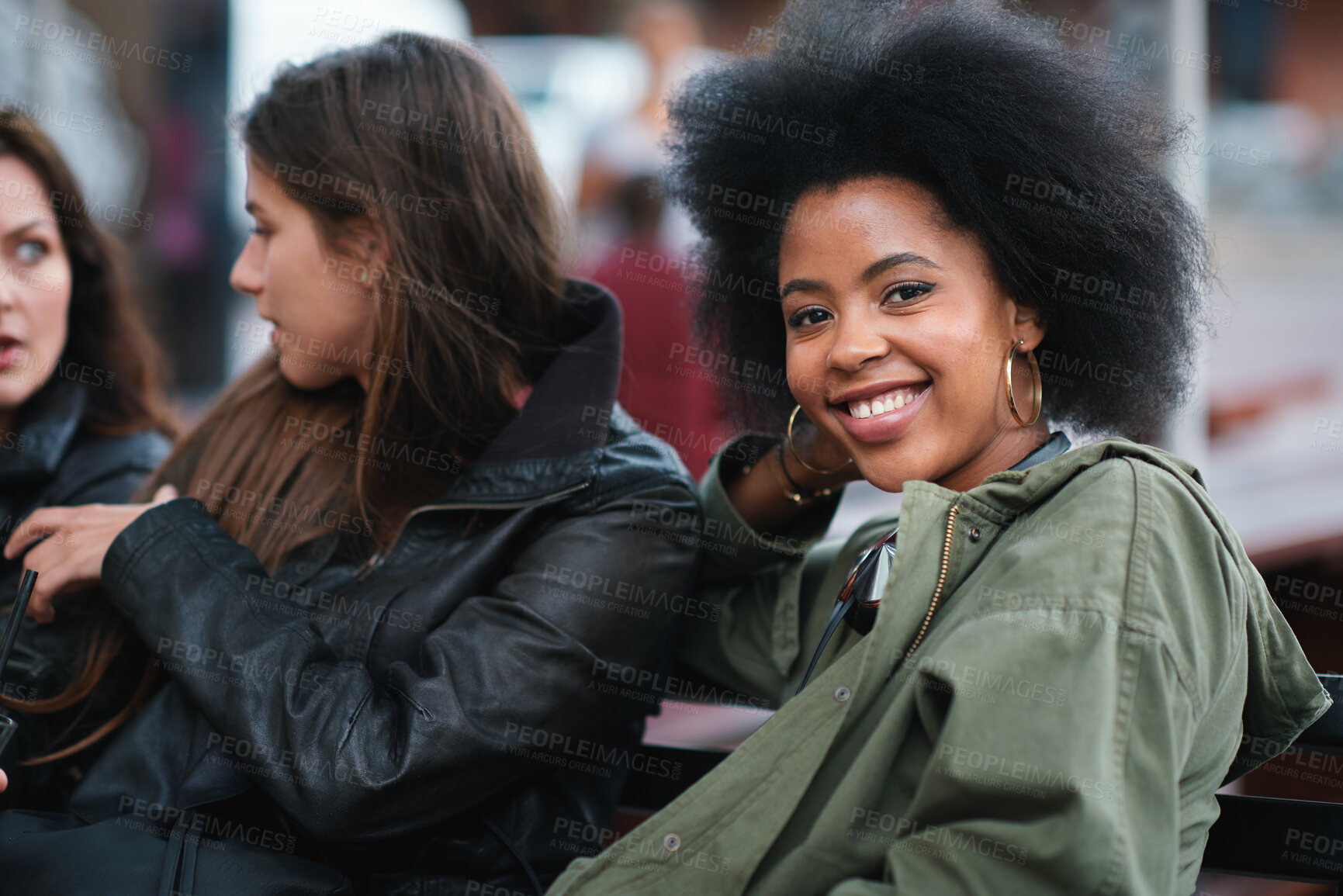 Buy stock photo Black woman, portrait and friends outdoor with communication on a urban bench. Happiness, women group and conversation of a young person with a happy smile feeling relax with blurred background