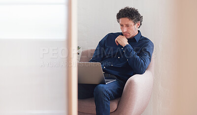 Buy stock photo Serious, laptop or business man on office sofa for communication, planning or reading website content. Thinking, focus or manager on tech for networking, typing email or company growth research