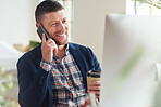Businessman using smartphone talking with client on mobile phone call in office holding coffee