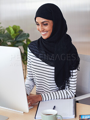 Buy stock photo Happy, computer or graphic designer Muslim woman planning for creative search, website strategy or branding in office. Startup or employee at desk working on SEO transformation, typing email or idea