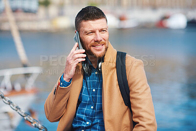 Buy stock photo Travel phone call, communication or man in Italy for communication, networking and talk on 5g conversation at port. Street, tourist or happy male on smartphone contact outdoors on holiday or vacation