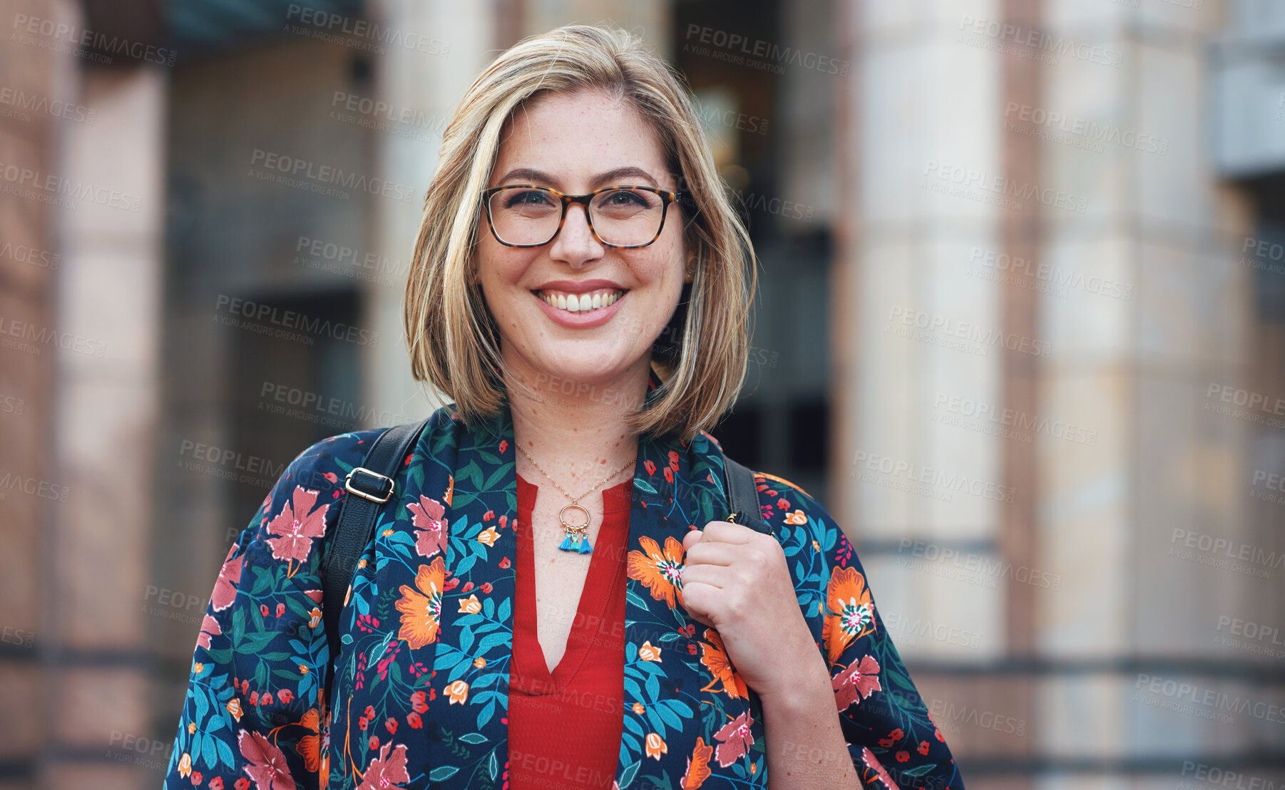 Buy stock photo Smile, travel and portrait of woman in city enjoy weekend, holiday and relax on vacation in England. Tourism mockup, freedom and face of happy female in urban town for adventure, explore and journey 