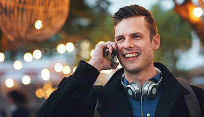 Buy stock photo Phone call, business man and talking in city, chatting or speaking to contact at night. Bokeh, thinking and happy male entrepreneur with 5g mobile smartphone for networking or discussion in town.
