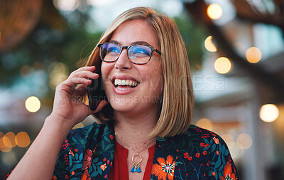 Buy stock photo Phone call, thinking and woman laughing in city, talking or speaking to contact at night. Bokeh, funny and happy female with 5g mobile smartphone for networking, conversation or discussion in town.