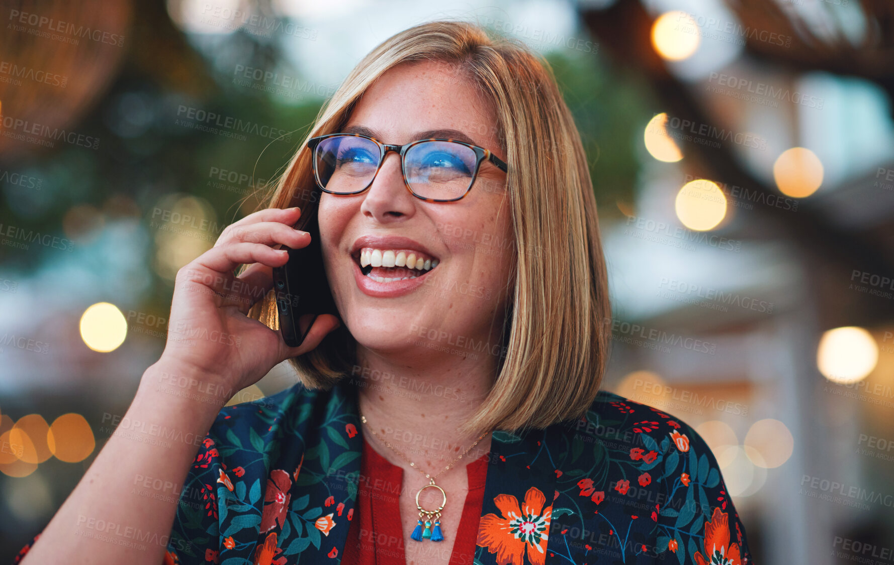 Buy stock photo Phone call, thinking and woman laughing in city, talking or speaking to contact at night. Bokeh, funny and happy female with 5g mobile smartphone for networking, conversation or discussion in town.