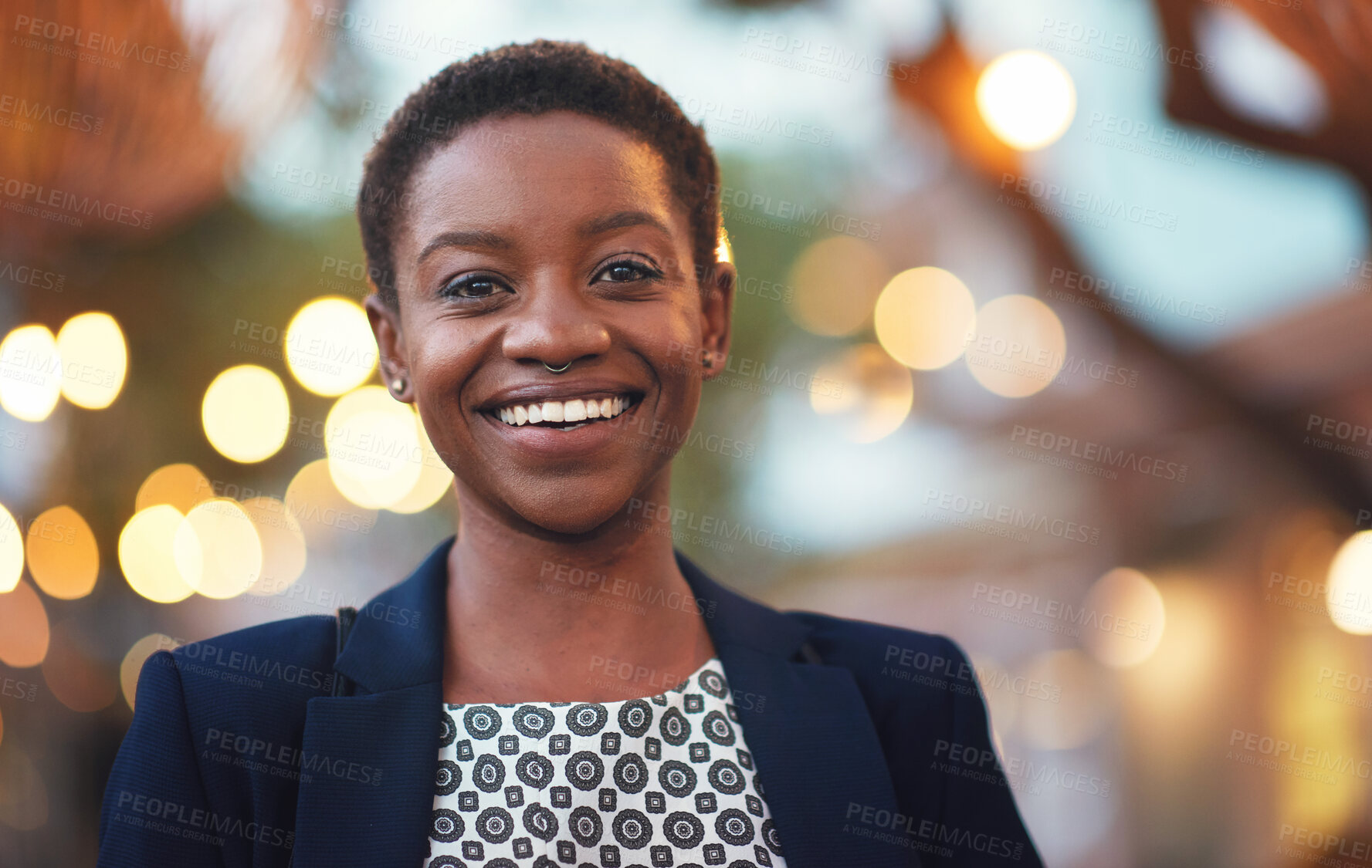 Buy stock photo Smile, confident black woman and portrait in a city with bokeh, lights and blurred background space. Face, traveller and happy African American person in town for fun, break or trip on the weekend