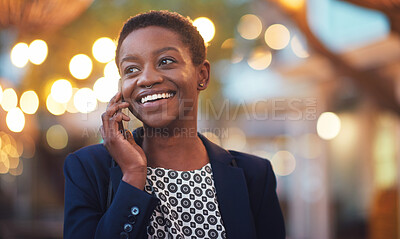 Buy stock photo Phone call, business and black woman thinking in city, chatting or speaking to contact at night. Bokeh, talking and happy female entrepreneur with 5g smartphone for networking or discussion in town.