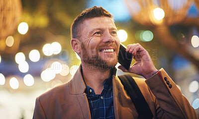 Buy stock photo Phone call, business man and talking in city, chatting or speaking to contact at night. Bokeh, thinking or happy male entrepreneur with 5g mobile smartphone for networking, discussion or conversation