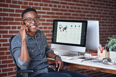 Buy stock photo Phone call, black man and computer with global market research thinking about work data. Working, mobile communication and networking of marketing executive in office with tech research with a smile