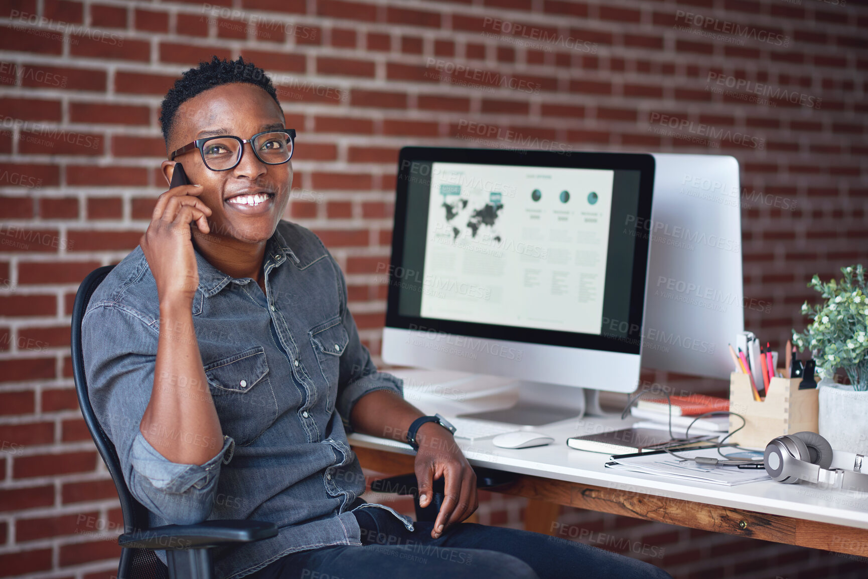 Buy stock photo Phone call, black man and computer with global market research thinking about work data. Working, mobile communication and networking of marketing executive in office with tech research with a smile