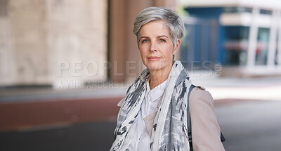 Buy stock photo Portrait, senior and business woman face with fashion or style in an urban city on holiday during travel. Adventure, serious and elderly professional on retirement traveling with mockup space