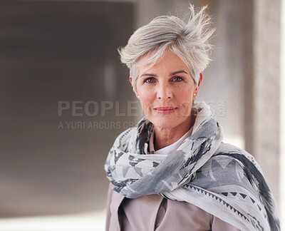 Buy stock photo Portrait, travel and mature woman tourist with fashion or style in an urban town or city on vacation or holiday. Adventure, serious and face of elderly female on retirement traveling with mockup