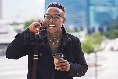 Buy stock photo Black man in city, phone call and coffee with happiness, travel to work with communication, technology and 5g. Employee, urban and commute in New York, mockup space and conversation with connection