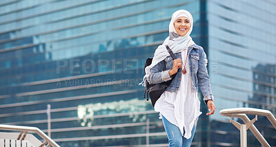 Buy stock photo Happy muslim and woman in city for travel, goal and future career against building in Dubai with mockup. Islamic, smile and girl student for intern, program or experience with vision or mindset