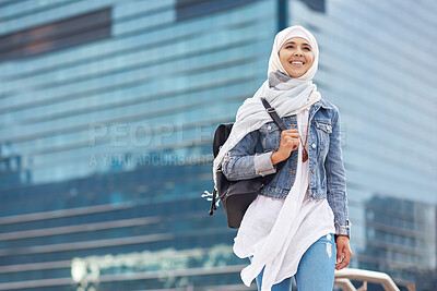 Buy stock photo Smile, muslim and woman in city for travel, goal and future career against building background. Happy, islamic and girl student in New york for intern, program or experience with vision or mindset