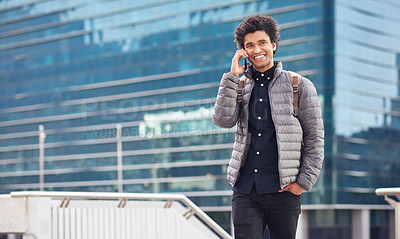 Buy stock photo Black man, phone call and walking for city buildings, 5g network connection and travel. Happy business student person with backpack for mockup and talking on smartphone for communication in New York