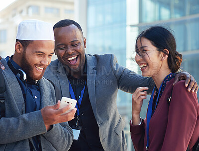 Buy stock photo Diversity, funny or business people with phone in city for social media, blog content or comic internet meme. Happy, smile or friends on 5g smartphone laughing, communication or networking outdoor