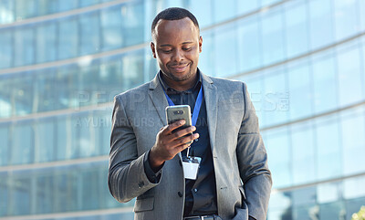 Buy stock photo Business, black man and phone typing in city for connection, notification and digital contact. Happy urban worker, mobile and technology for social networking, internet management or 5g digital media
