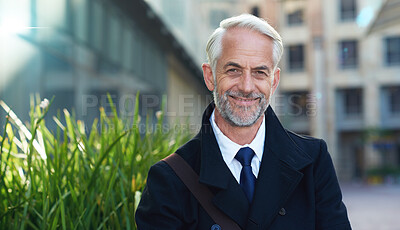 Buy stock photo Mature businessman, portrait and smile in city for corporate management, leadership and travel in Canada. Face of happy male boss in urban street for motivation, trust and happiness of entrepreneur