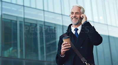 Buy stock photo City, phone call and smile, mature businessman or lawyer outside law firm, successful legal advice discussion. Ceo, man or happy boss with coffee, 5g and smartphone, crm or networking conversation.