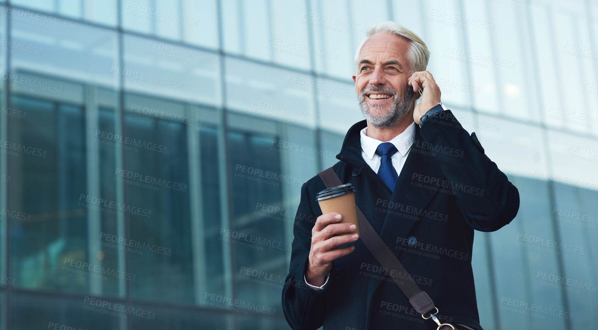 Buy stock photo City, phone call and smile, mature businessman or lawyer outside law firm, successful legal advice discussion. Ceo, man or happy boss with coffee, 5g and smartphone, crm or networking conversation.