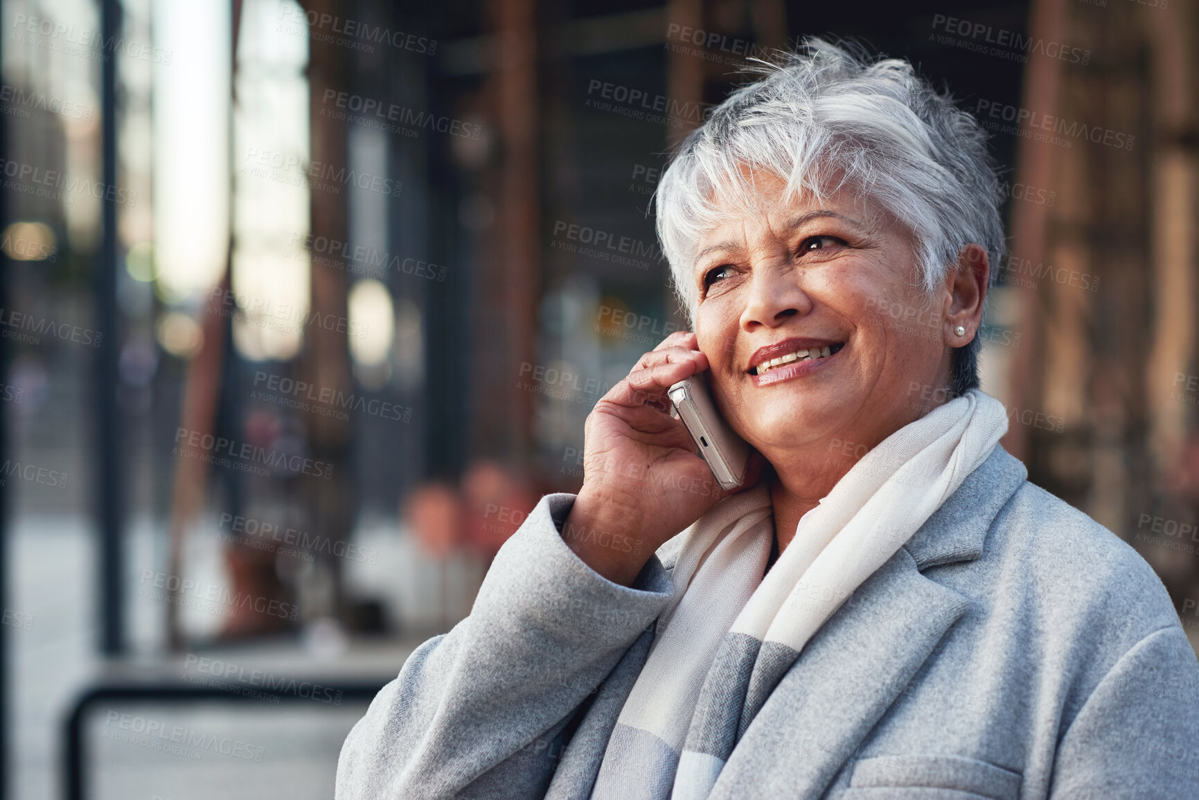 Buy stock photo City, phone call and happy, mature woman or lawyer outside law firm in discussion on legal advice. Ceo, manager or boss with communication, smile and 5g smartphone, crm or networking conversation.