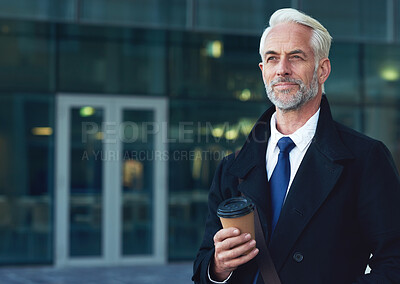 Buy stock photo Mature businessman, thinking and coffee in city for corporate management, leadership and travel. Male boss in urban street with vision, mission and mindset for motivation, trust and executive ideas 