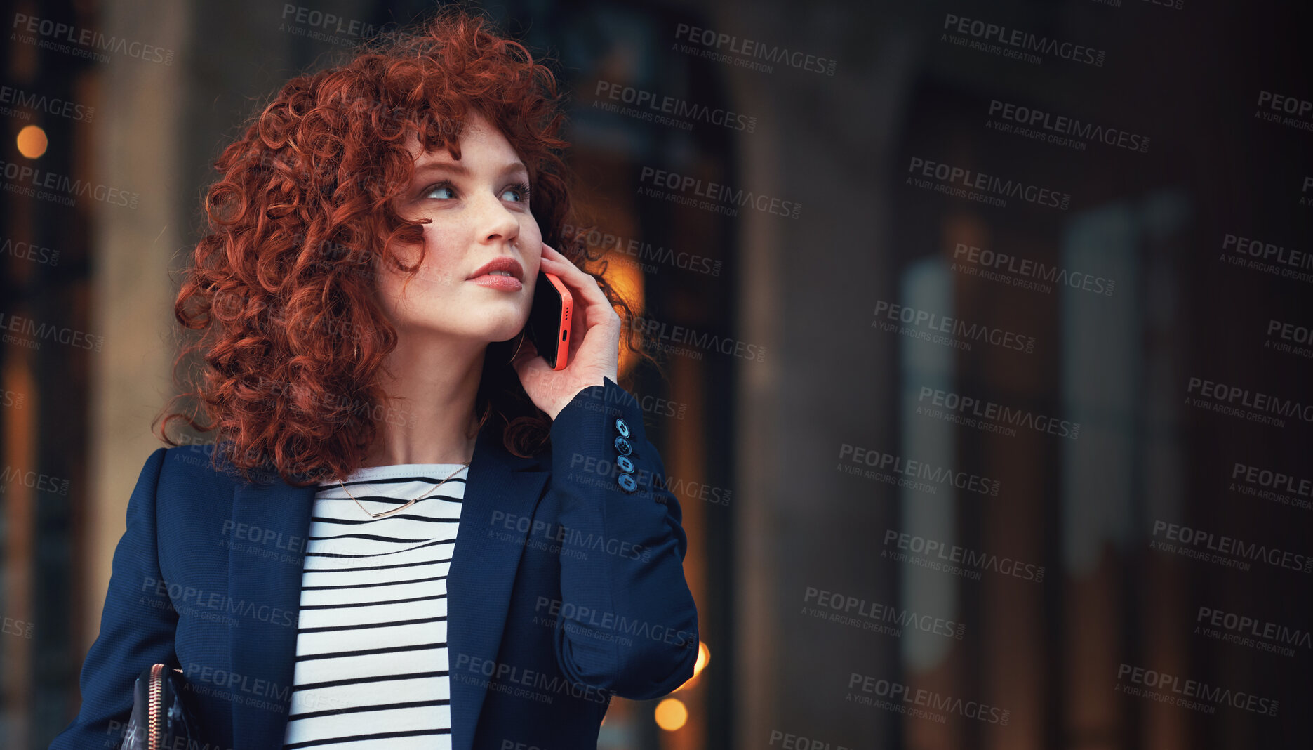 Buy stock photo Phone call, thinking and business woman outdoor with mobile communication with mock up. Digital conversation, networking and work conversation of an entrepreneur with blurred background and mockup