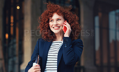 Buy stock photo Phone call, city and business woman outdoor with mobile communication excited about news. Happiness, networking and work bonus conversation of an entrepreneur with promotion talk smile and mockup