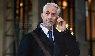 Buy stock photo City, phone call and smile, senior businessman or lawyer outside law firm, successful legal advice discussion. Ceo, man or happy boss with communication and smartphone, crm or networking conversation