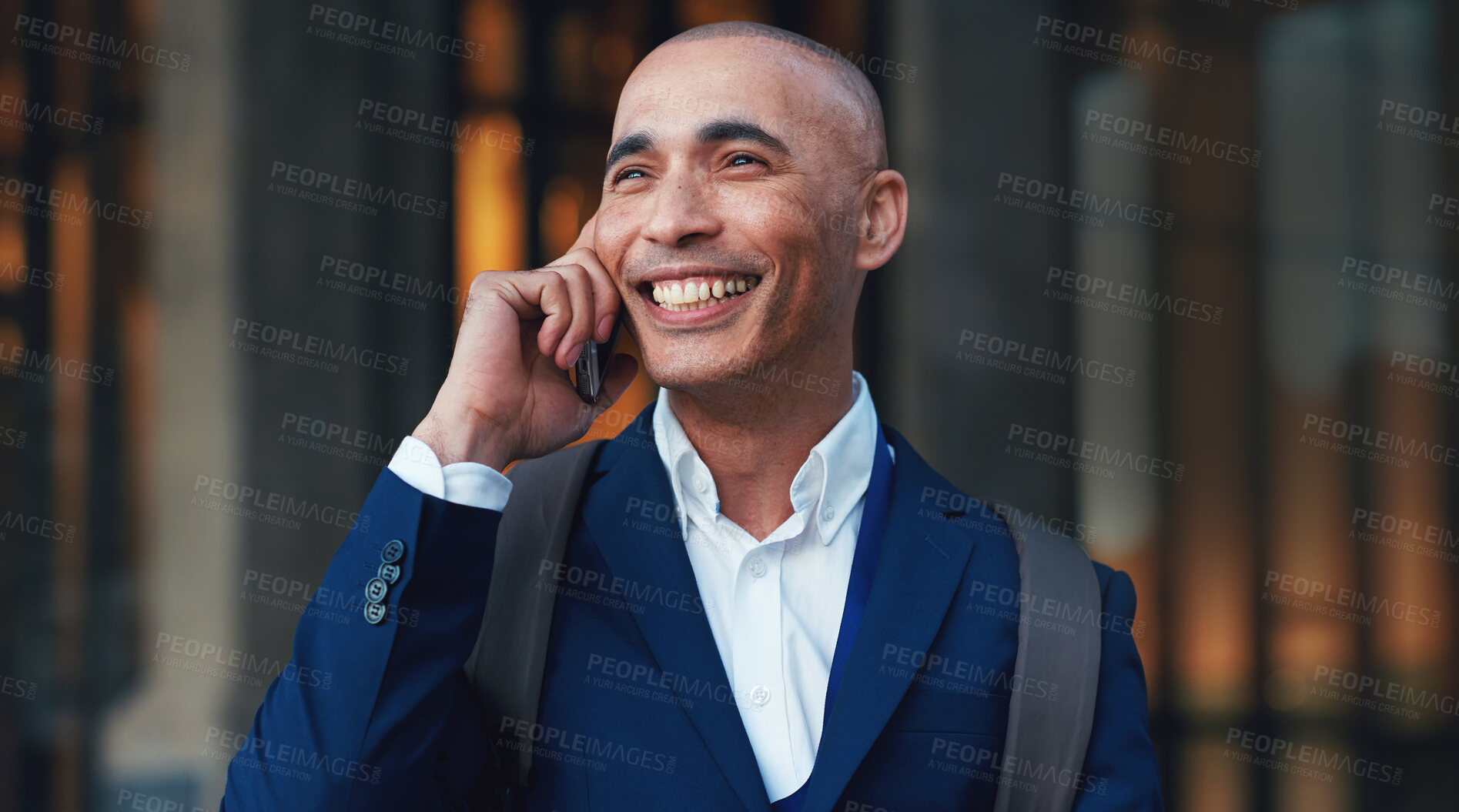Buy stock photo City, phone call and smile on sidewalk, businessman or lawyer outside law firm, successful legal advice. Ceo, man or happy boss with communication, 5g and smartphone, crm or networking conversation.