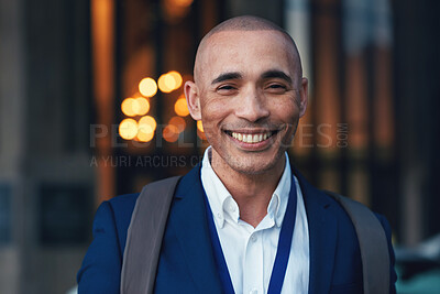 Buy stock photo Businessman, smile and portrait in city for corporate trading, executive management and happiness in Colombia. Happy young trader in urban street with motivation, professional mindset or outdoor face