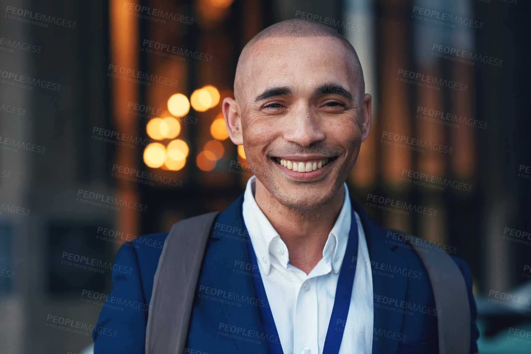 Buy stock photo Businessman, smile and portrait in city for corporate trading, executive management and happiness in Colombia. Happy young trader in urban street with motivation, professional mindset or outdoor face