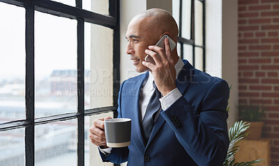 Buy stock photo Business man with phone call, coffee and communication in office, CEO and networking with negotiation. View out the window, investment banker with conversation, professional making finance deal