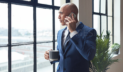 Buy stock photo Business man with phone call, coffee break and communication in office, CEO and networking with negotiation. View out window, investment banker with conversation, finance deal and professional