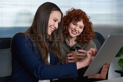 Buy stock photo Happy, search or women friends on tablet for social media, reading blog or typing comment on news content on lunch break. Smile, scroll or girl in office for networking, communication or internet