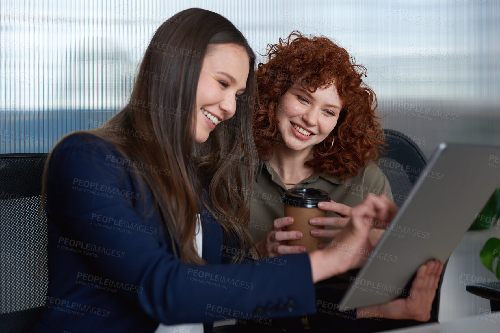 Buy stock photo Happy, search or women friends on tablet for social media, reading blog or typing comment on news content on lunch break. Smile, scroll or girl in office for networking, communication or internet