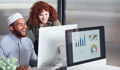 Buy stock photo Teamwork, digital agency or business people on computer for company growth, strategy review or analytics in office. Startup, collaboration or worker for SEO success or planning website research